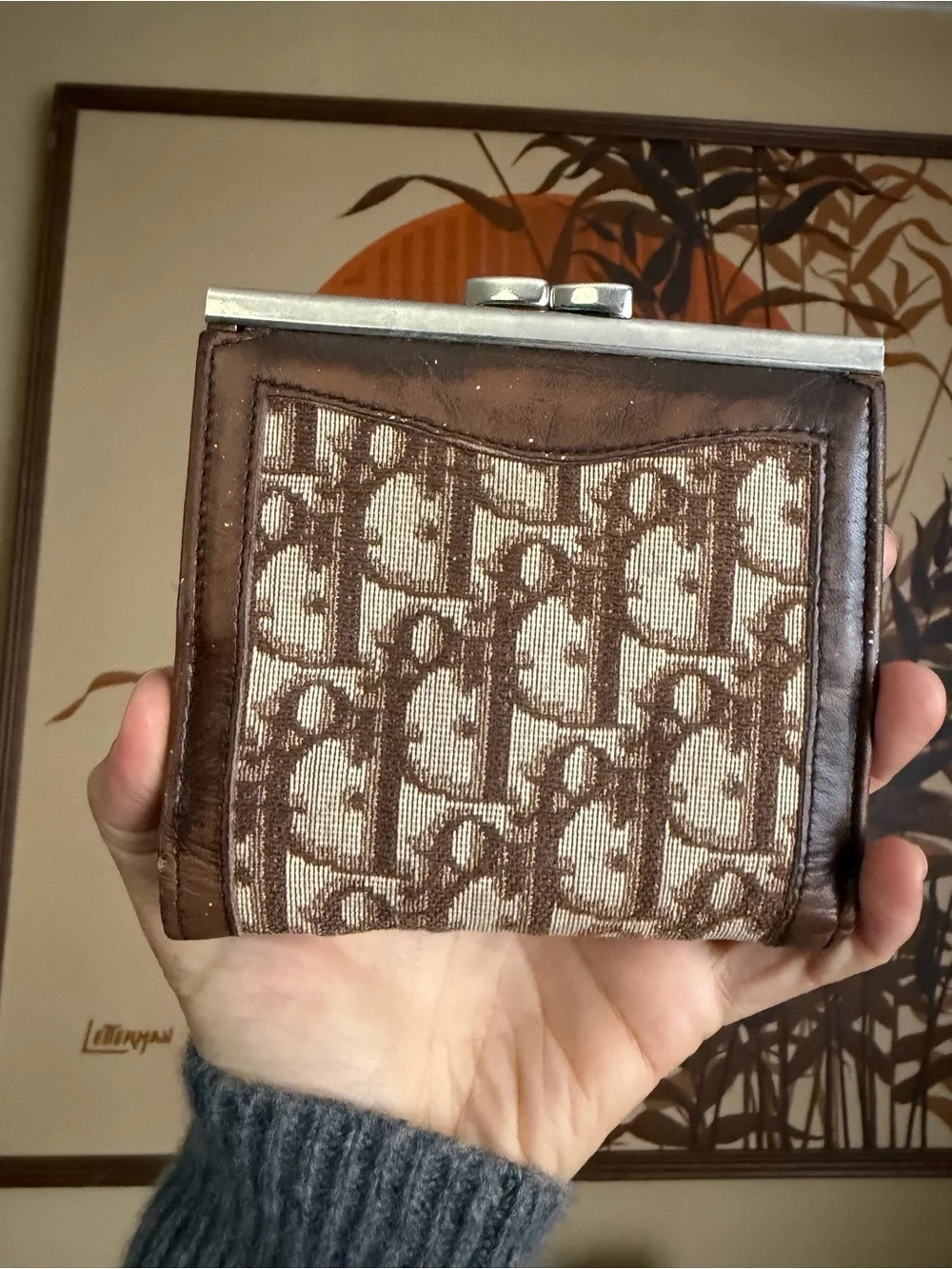 Vintage Christian Dior Trotter Oblique Canvas & Leather Kiss-Lock Compact Wallet